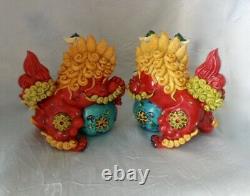 5 Chinese Pair Wucai Porcelain Koji Pottery Foo Dog Lion Fengshui Stamped RARE