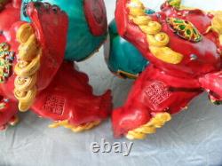 5 Chinese Pair Wucai Porcelain Koji Pottery Foo Dog Lion Fengshui Stamped RARE