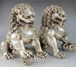 6 Exquisite Chinese Silver copper Bronze Fu Foo Dog Guardian lion Statue Pair
