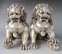 6 Exquisite Chinese Silver copper Bronze Fu Foo Dog Guardian lion Statue Pair