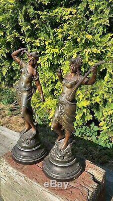 A Beautiful Pair Of Spelter Figurines Signed By Par Aug Moreau On Stand