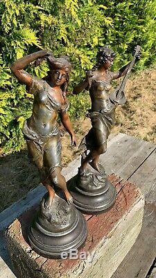 A Beautiful Pair Of Spelter Figurines Signed By Par Aug Moreau On Stand