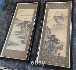 A PAIR Of OLD CHINESE MOUNTAIN LANDSCAPE PAINTING ON SILK ARTIST SIGNED FRAMED