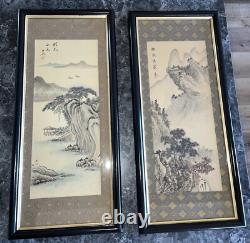A PAIR Of OLD CHINESE MOUNTAIN LANDSCAPE PAINTING ON SILK ARTIST SIGNED FRAMED