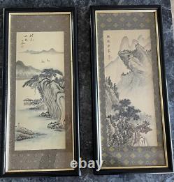 A PAIR Of OLD CHINESE MOUNTAIN LANDSCAPE PAINTING ON SILK ARTIST SIGNED FRAMED
