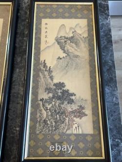 A PAIR Of OLD CHINESE MOUNTAIN LANDSCAPE PAINTING ON SILK ARTIST SIGNED FRAMED