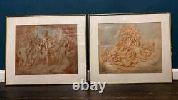 A Pair Antique Old Master Paintings Drawings with Puttis in Blue Paper Signed