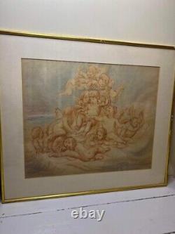 A Pair Antique Old Master Paintings Drawings with Puttis in Blue Paper Signed