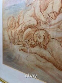 A Pair Antique Old Master Paintings Drawings with Puttis in Blue Paper Signed