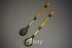 A Pair Carved Jade Spoon Inlays Bronze Loong&fish Pattern Bi Signed gold Words