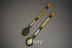 A Pair Carved Jade Spoon Inlays Bronze Loong&fish Pattern Bi Signed gold Words