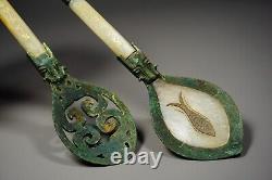 A Pair Carved Jade Spoon Inlays Bronze Loong&fish Pattern Bi Signed gold Words