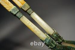 A Pair Carved Jade Spoon Inlays Bronze Loong&fish Pattern Bi Signed gold Words