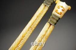 A Pair Carved Jade Spoon Inlays Bronze Loong&fish Pattern Bi Signed gold Words