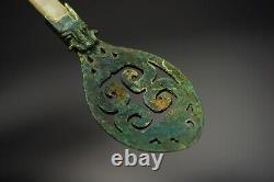 A Pair Carved Jade Spoon Inlays Bronze Loong&fish Pattern Bi Signed gold Words