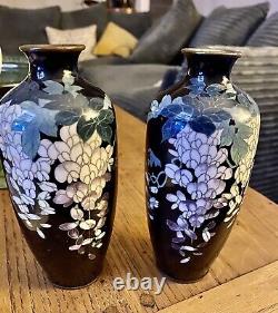 A Pair Of Antique Cloisonne Vases Decorated With Wisteria Flowers See Photos Etc