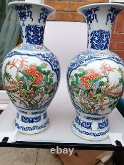 A Pair Of Chinese Antique Blue And White & Famille Vert Dragon & Phoenix Vase