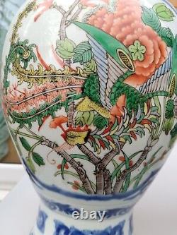 A Pair Of Chinese Antique Blue And White & Famille Vert Dragon & Phoenix Vase