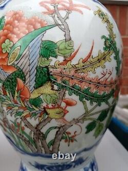 A Pair Of Chinese Antique Blue And White & Famille Vert Dragon & Phoenix Vase