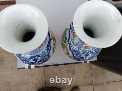 A Pair Of Chinese Antique Blue And White & Famille Vert Dragon & Phoenix Vase