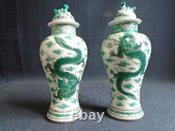 A Pair Of Old Chinese Famille Verte Porcelain Dragon Vases + Covers