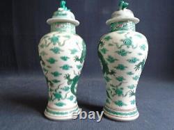 A Pair Of Old Chinese Famille Verte Porcelain Dragon Vases + Covers