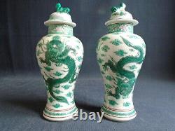 A Pair Of Old Chinese Famille Verte Porcelain Dragon Vases + Covers