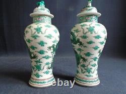 A Pair Of Old Chinese Famille Verte Porcelain Dragon Vases + Covers