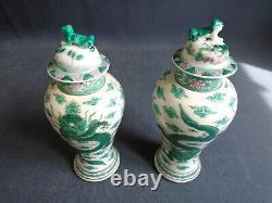 A Pair Of Old Chinese Famille Verte Porcelain Dragon Vases + Covers