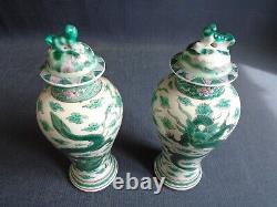 A Pair Of Old Chinese Famille Verte Porcelain Dragon Vases + Covers