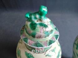 A Pair Of Old Chinese Famille Verte Porcelain Dragon Vases + Covers