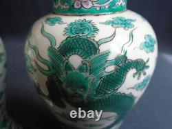 A Pair Of Old Chinese Famille Verte Porcelain Dragon Vases + Covers