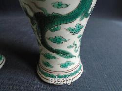 A Pair Of Old Chinese Famille Verte Porcelain Dragon Vases + Covers