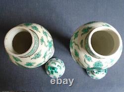 A Pair Of Old Chinese Famille Verte Porcelain Dragon Vases + Covers