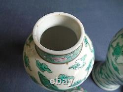 A Pair Of Old Chinese Famille Verte Porcelain Dragon Vases + Covers