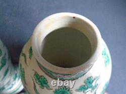 A Pair Of Old Chinese Famille Verte Porcelain Dragon Vases + Covers