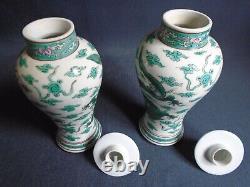 A Pair Of Old Chinese Famille Verte Porcelain Dragon Vases + Covers