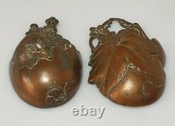A Pair Of Rare Meiji Period Shakudo Metal Wall Pockets/Vases. Signed