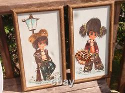 A Pair Of Vintage Original Framed & Signed Oil Paintings In Keane Style Big Eyes