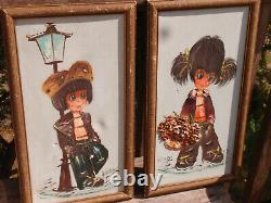 A Pair Of Vintage Original Framed & Signed Oil Paintings In Keane Style Big Eyes