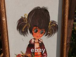 A Pair Of Vintage Original Framed & Signed Oil Paintings In Keane Style Big Eyes