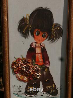 A Pair Of Vintage Original Framed & Signed Oil Paintings In Keane Style Big Eyes