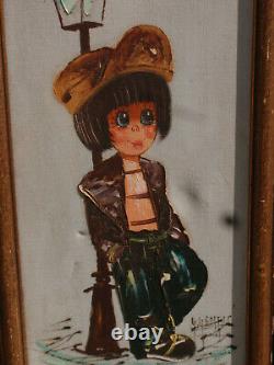 A Pair Of Vintage Original Framed & Signed Oil Paintings In Keane Style Big Eyes