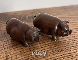 A Pair of Antique Japanese Netsuke Carved Wooden Pigs-Signed