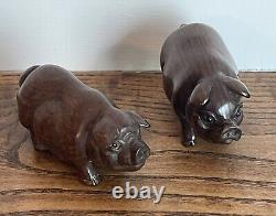 A Pair of Antique Japanese Netsuke Carved Wooden Pigs-Signed