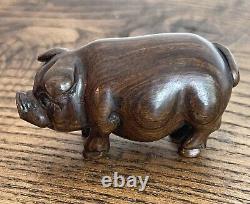 A Pair of Antique Japanese Netsuke Carved Wooden Pigs-Signed