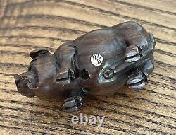 A Pair of Antique Japanese Netsuke Carved Wooden Pigs-Signed