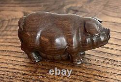 A Pair of Antique Japanese Netsuke Carved Wooden Pigs-Signed