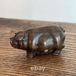 A Pair of Antique Japanese Netsuke Carved Wooden Pigs-Signed