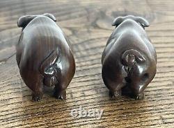 A Pair of Antique Japanese Netsuke Carved Wooden Pigs-Signed